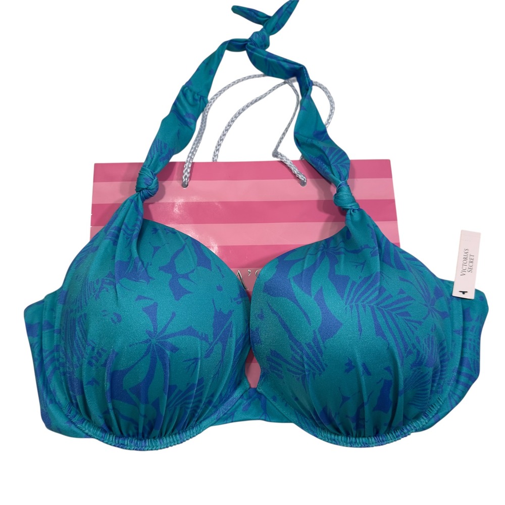NEW VS Swim Push Up Halter Bikini Top Teal Blue Tropical Palm 36DDD - Picture 2 of 9